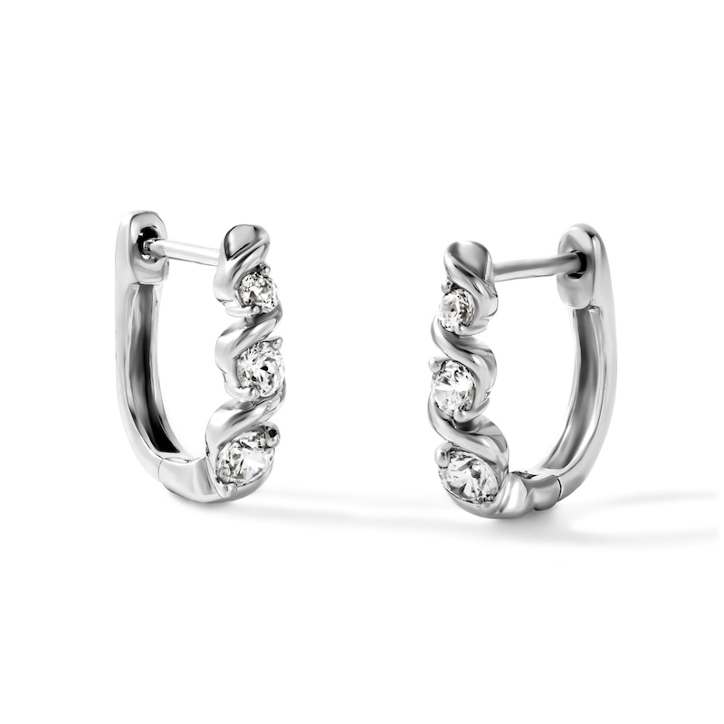 Main Image 1 of 0.50 CT. T.W. Diamond Graduated Three-Stone Swirl Hoop Earrings in 10K White Gold