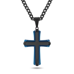 Cross Necklace in Stainless Steel with Black and Blue Ion Plate - 24"