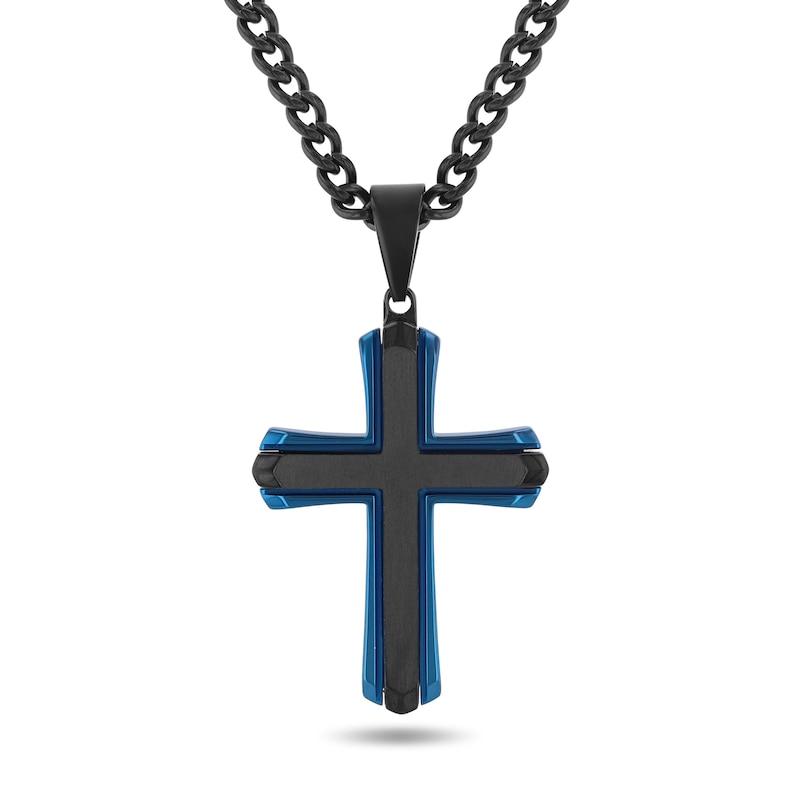 Cross Necklace in Stainless Steel with Black and Blue Ion Plate - 24"