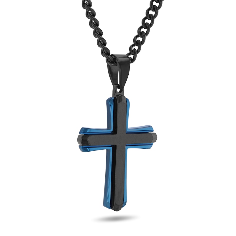 Cross Necklace in Stainless Steel with Black and Blue Ion Plate - 24"