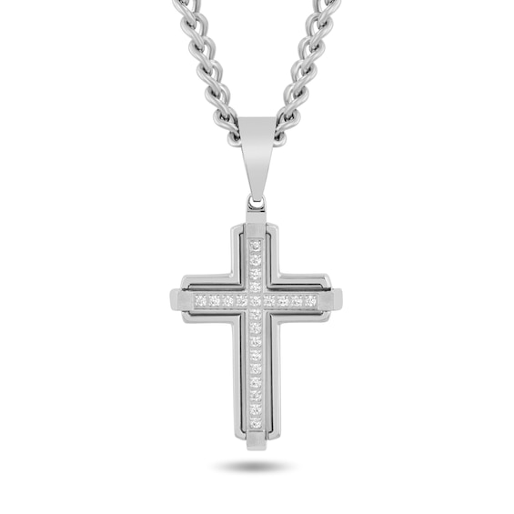 015 CT Tw Diamond Cross Necklace in Stainless Steel  24