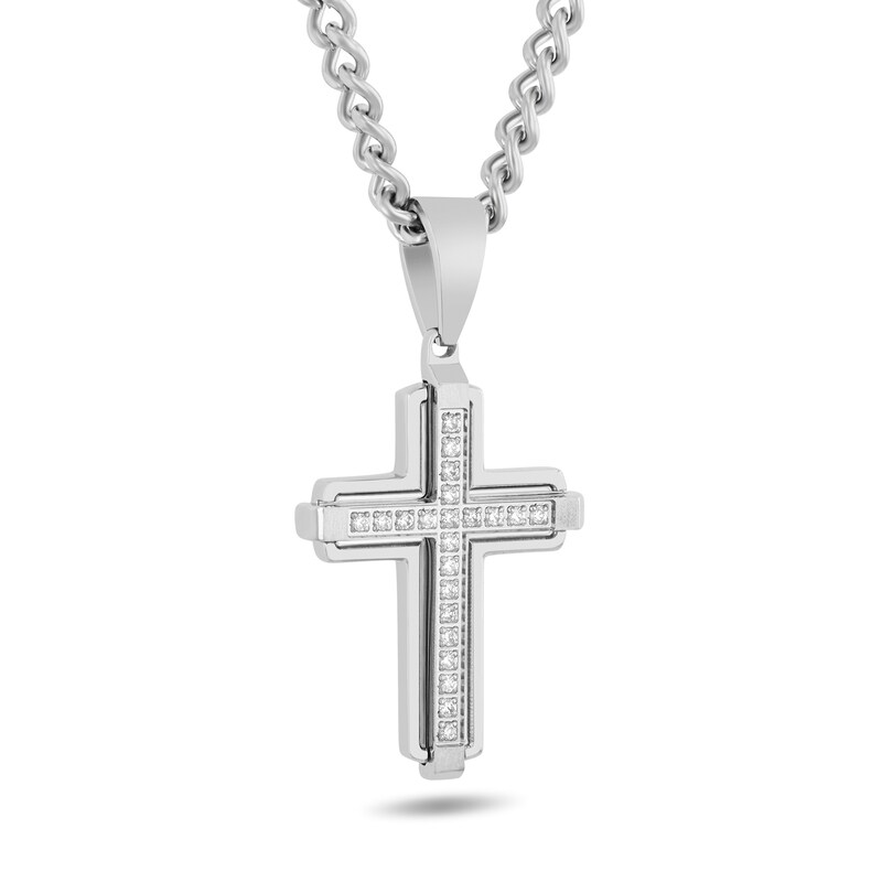 0.15 CT. T.W. Diamond Cross Necklace in Stainless Steel - 24"
