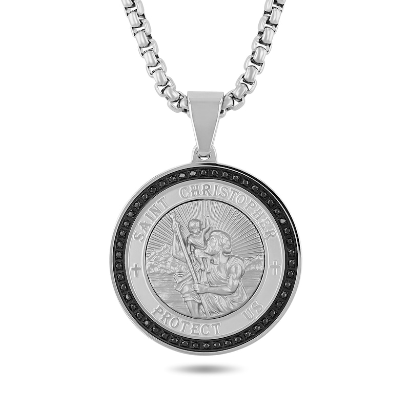 0.25 CT. T.W. Black Diamond Saint Christopher Medallion Necklace in Stainless Steel with Black Ion Plate - 24"