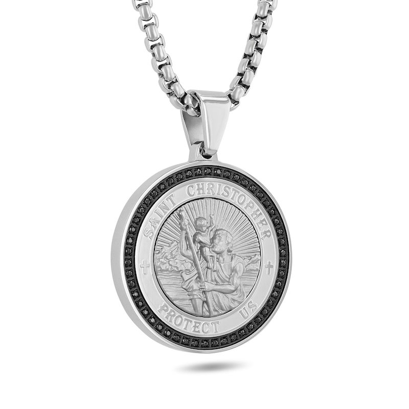0.25 CT. T.W. Black Diamond Saint Christopher Medallion Necklace in Stainless Steel with Black Ion Plate - 24"