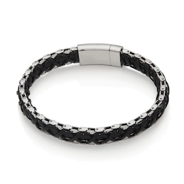 9.0mm Black Leather Weave Bracelet in Stainless Steel - 8.5"