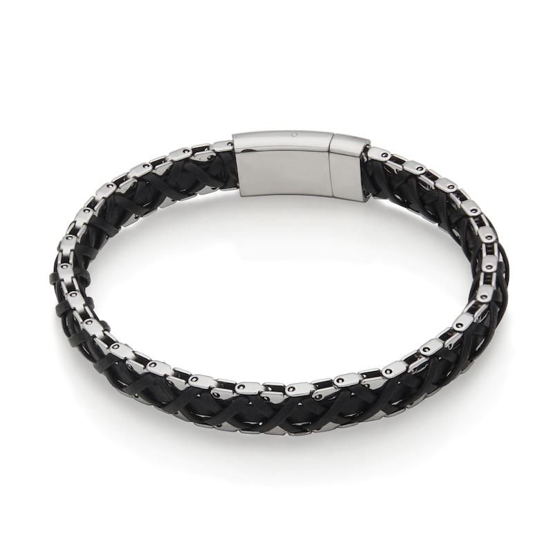 9.0mm Black Leather Weave Bracelet in Stainless Steel - 8.5"