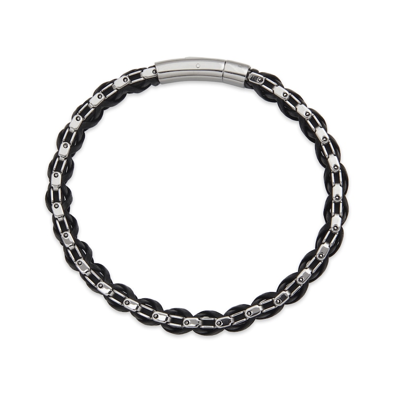 9.0mm Black Leather Weave Bracelet in Stainless Steel - 8.5"