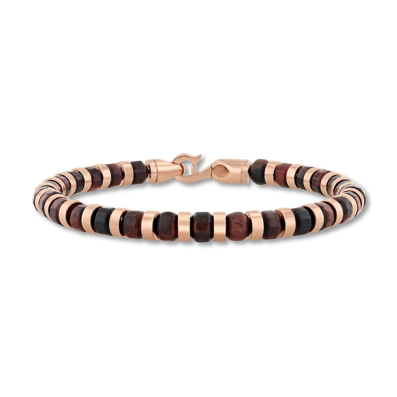 6.0mm Barrel-Shaped Tiger's Eye Bead Bracelet in Stainless Steel with Rose Ion Plate - 8.5"
