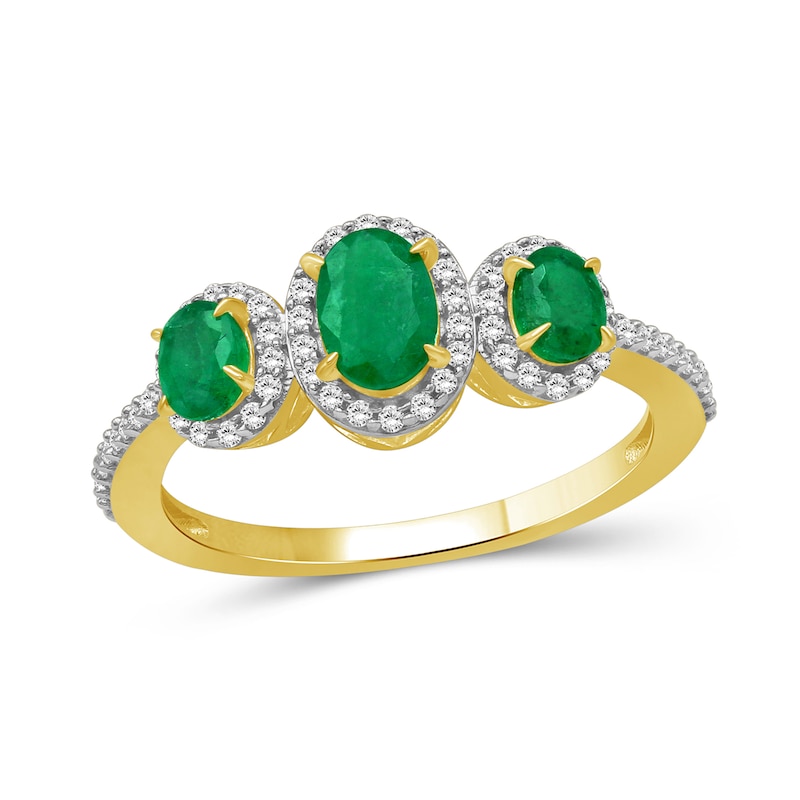 Oval Emerald and 0.15 CT. T.W. Diamond Three-Stone Frame Ring 10K Gold