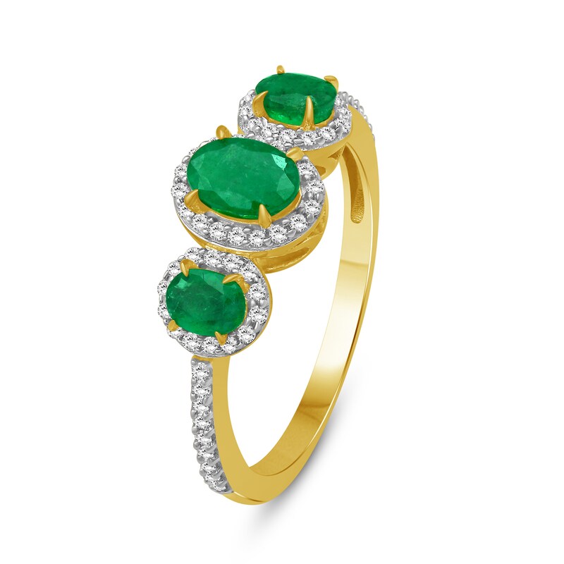 Oval Emerald and 0.15 CT. T.W. Diamond Three-Stone Frame Ring 10K Gold