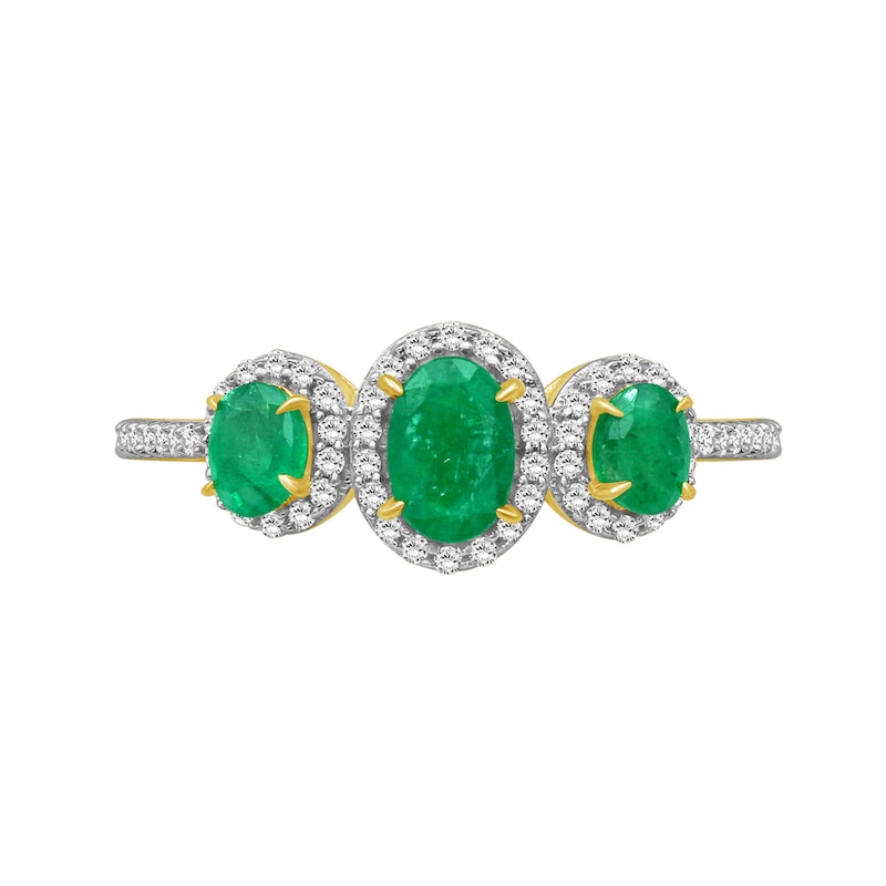 Oval Emerald and 0.15 CT. T.W. Diamond Three-Stone Frame Ring 10K Gold