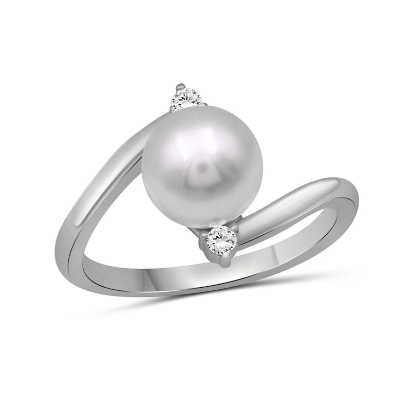 8.0mm Cultured Pearl and White Lab-Created Sapphire Bypass Ring Sterling Silver