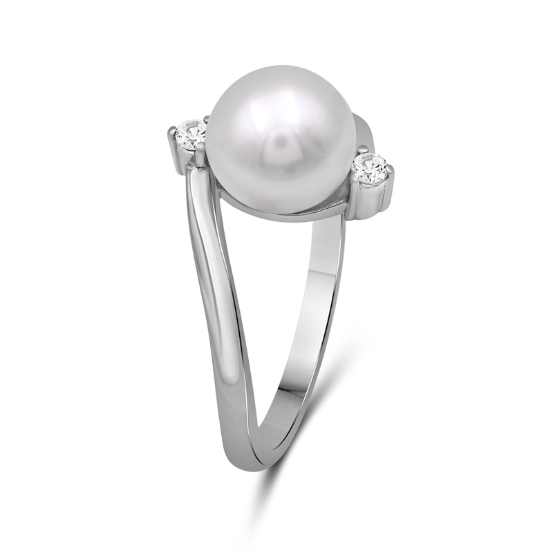 8.0mm Cultured Pearl and White Lab-Created Sapphire Bypass Ring Sterling Silver
