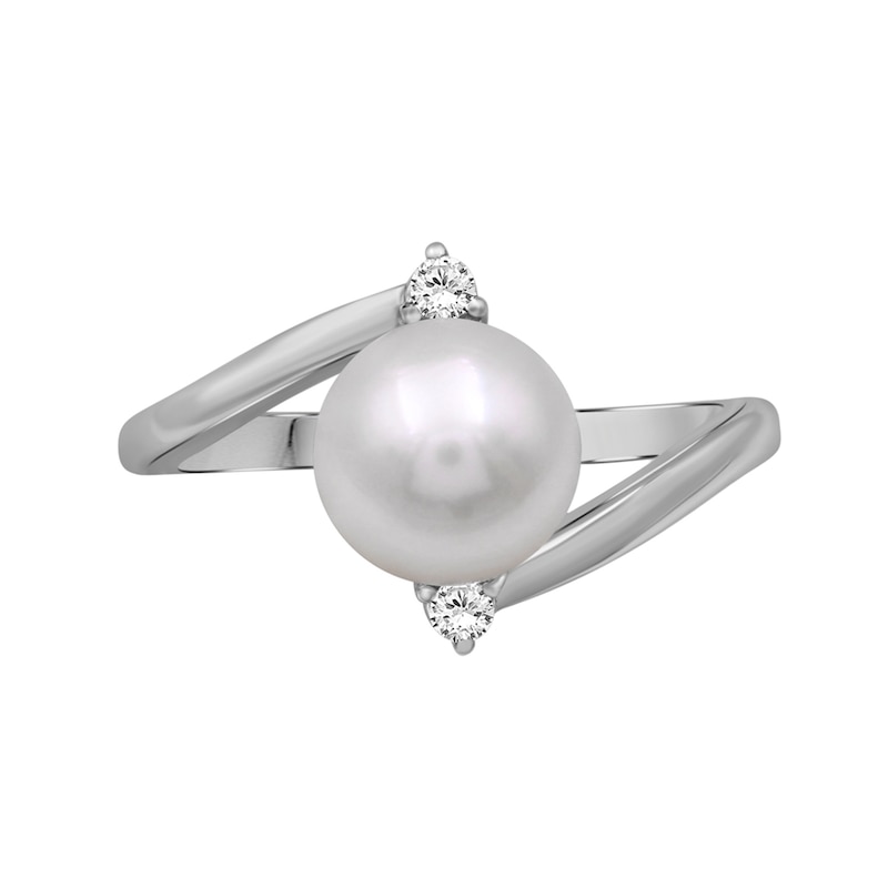 8.0mm Cultured Pearl and White Lab-Created Sapphire Bypass Ring Sterling Silver