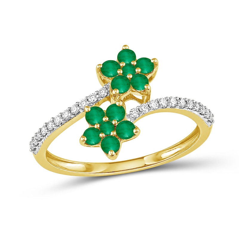 Emerald and Diamond 0.12 CT. T.W. Flower Bypass Ring 10K Gold