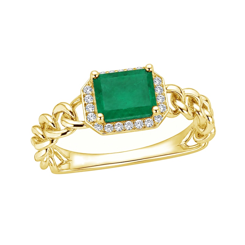 Emerald-Cut Emerald and 0.10 CT. T.W. Diamond Chain Link Ring 14K Gold