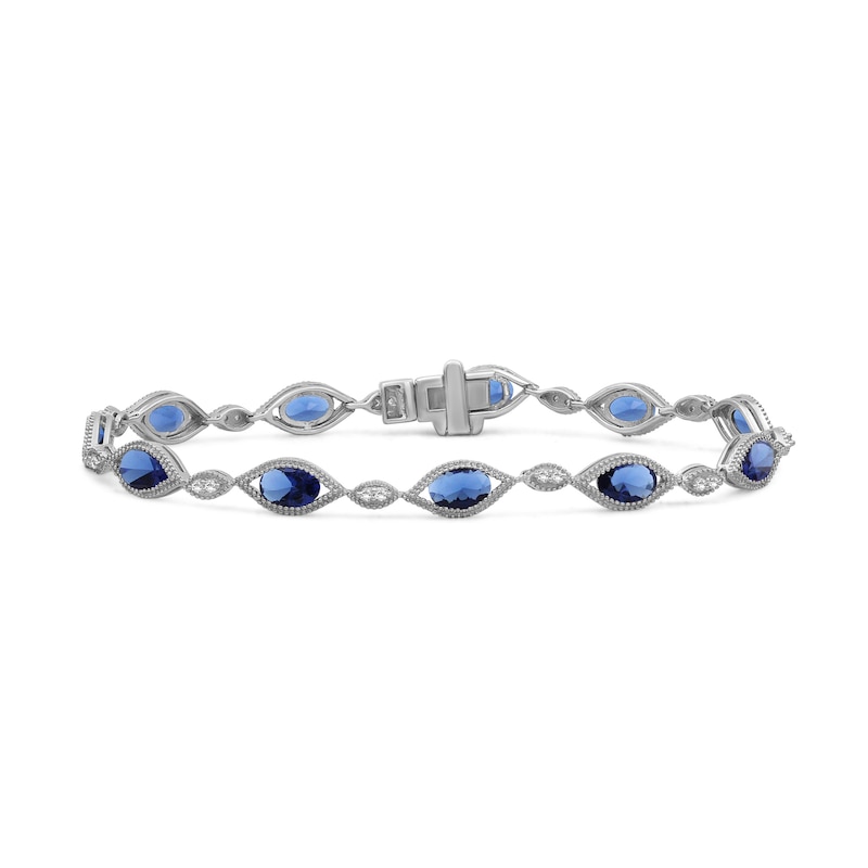 Oval Blue Lab-Created Sapphire and White Lab-Created Sapphire Milgrain Bracelet in Sterling Silver - 7.5"