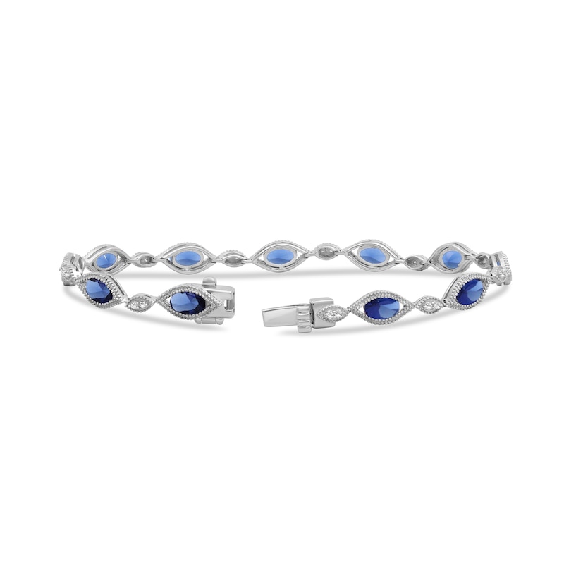 Oval Blue Lab-Created Sapphire and White Lab-Created Sapphire Milgrain Bracelet in Sterling Silver - 7.5"