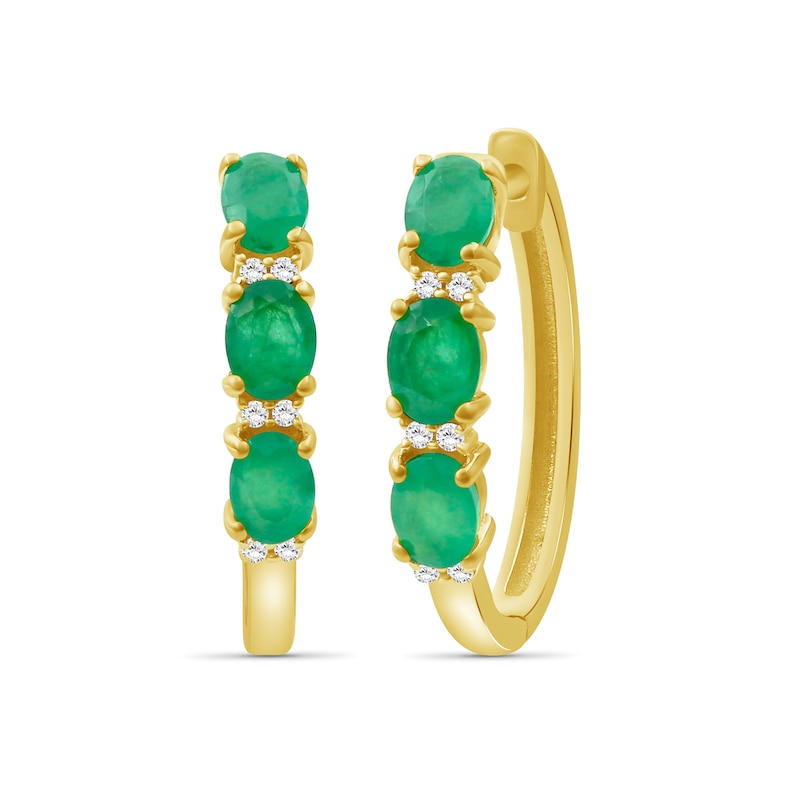 Oval Emerald and 0.04 CT. T.W. Diamond Hoop Earrings in 10K Gold