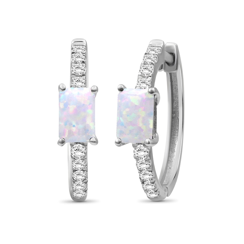 Emerald-Cut Lab-Created Opal and White Lab-Created Sapphire Hoop Earrings in Sterling Silver