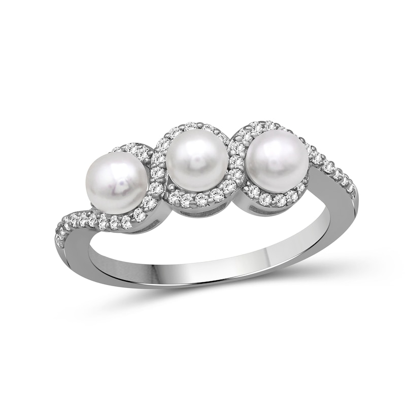 4.0mm Cultured Pearl and White Lab-Created Sapphire Trio Ring Sterling Silver
