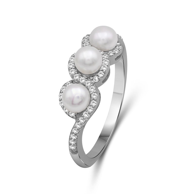 4.0mm Cultured Pearl and White Lab-Created Sapphire Trio Ring Sterling Silver