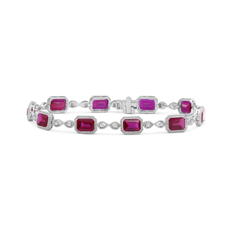 Emerald-Cut Lab-Created Ruby and White Lab-Created Sapphire Milgrain Bracelet in Sterling Silver - 7.5"