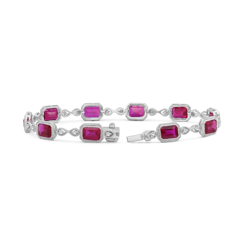 Emerald-Cut Lab-Created Ruby and White Lab-Created Sapphire Milgrain Bracelet in Sterling Silver - 7.5"