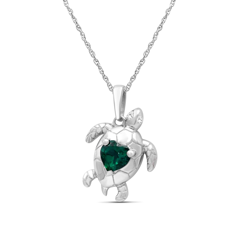 Heart-Shaped Lab-Created Emerald and White Lab-Created Sapphire Turtle Necklace in Sterling Silver - 18"