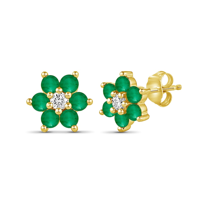 Emerald and 0.10 CT. T.W. Diamond Flower Stud Earrings in 10K Gold