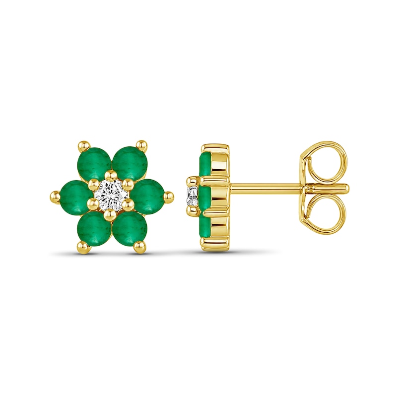Emerald and 0.10 CT. T.W. Diamond Flower Stud Earrings in 10K Gold