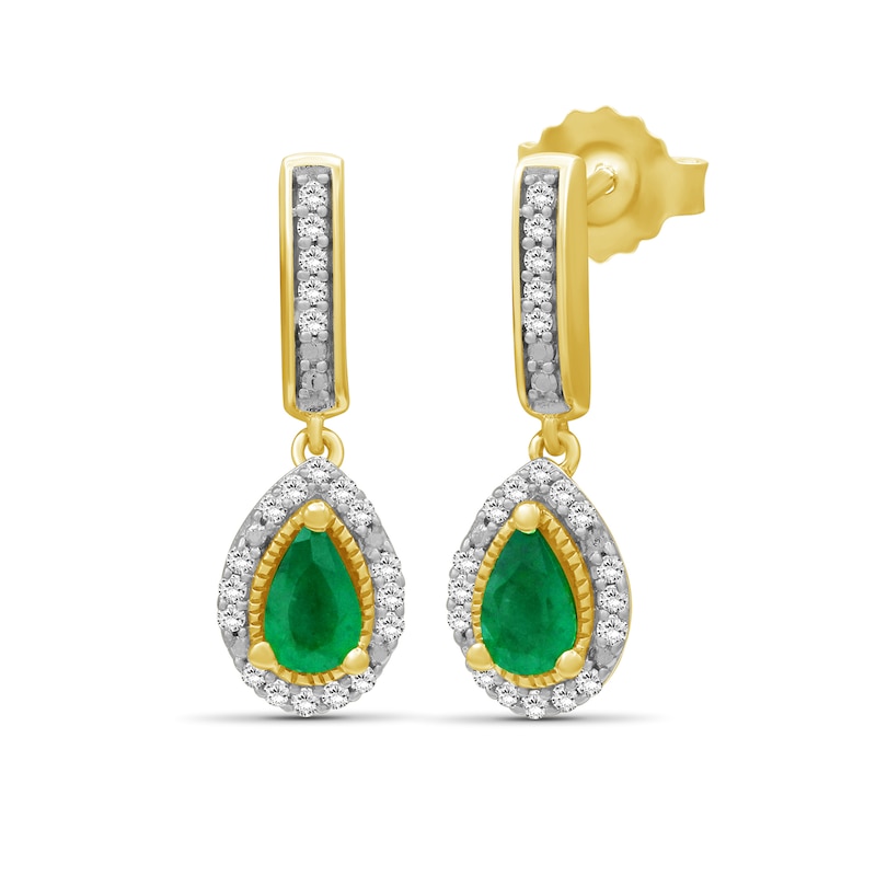 Pear-Shaped Emerald and 0.10 CT. T.W. Diamond Drop Earrings in 10K Gold