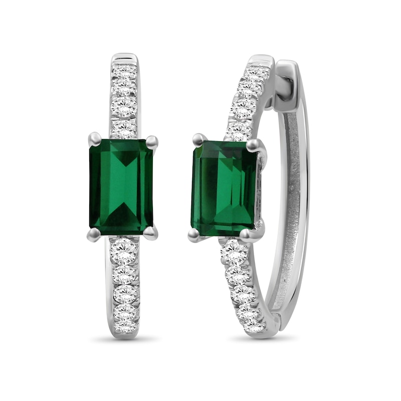 Emerald-Cut Lab-Created Emerald and White Lab-Created Sapphire Hoop Earrings in Sterling Silver