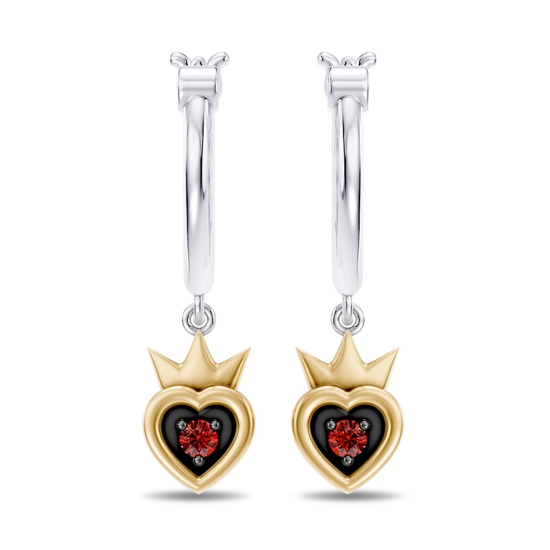 Enchanted Disney Villains Evil Queen Garnet Heart Hoop Drop Earrings in Sterling Silver with 14K Yellow Gold Plate