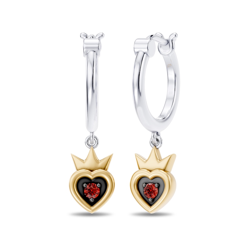 Enchanted Disney Villains Evil Queen Garnet Heart Hoop Drop Earrings in Sterling Silver with 14K Yellow Gold Plate