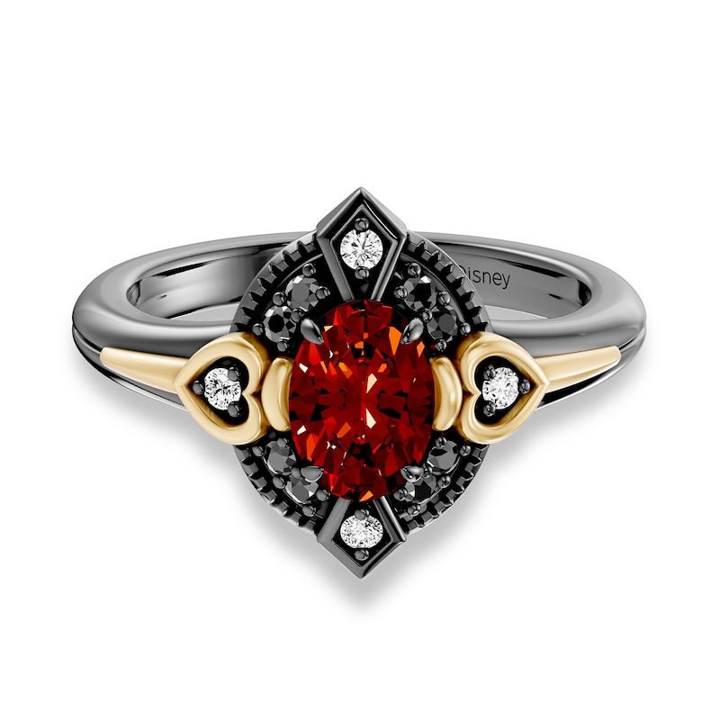 Enchanted Disney Villains Evil Queen Garnet, Onyx and 0.04 CT. T.W. Lab-Grown Diamond Ring Sterling Silver with 14K Yellow Gold Plate (F/VS2) - 18"