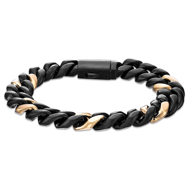 Main Image 1 of 12.0mm Matte Curb Chain Bracelet in Stainless Steel with Black and Yellow Ion Plate - 8.5"
