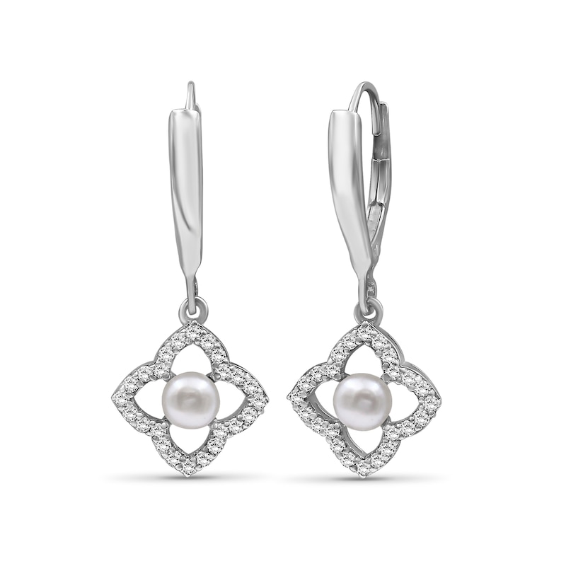 4.0mm Cultured Pearl and White Lab-Created Sapphire Clover Drop Earrings in Sterling Silver