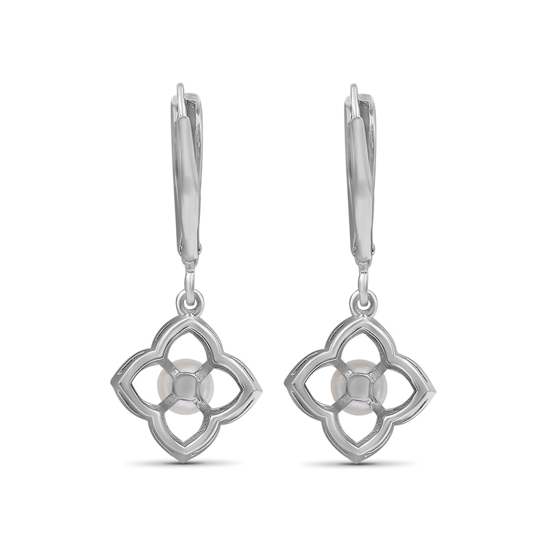 4.0mm Cultured Pearl and White Lab-Created Sapphire Clover Drop Earrings in Sterling Silver