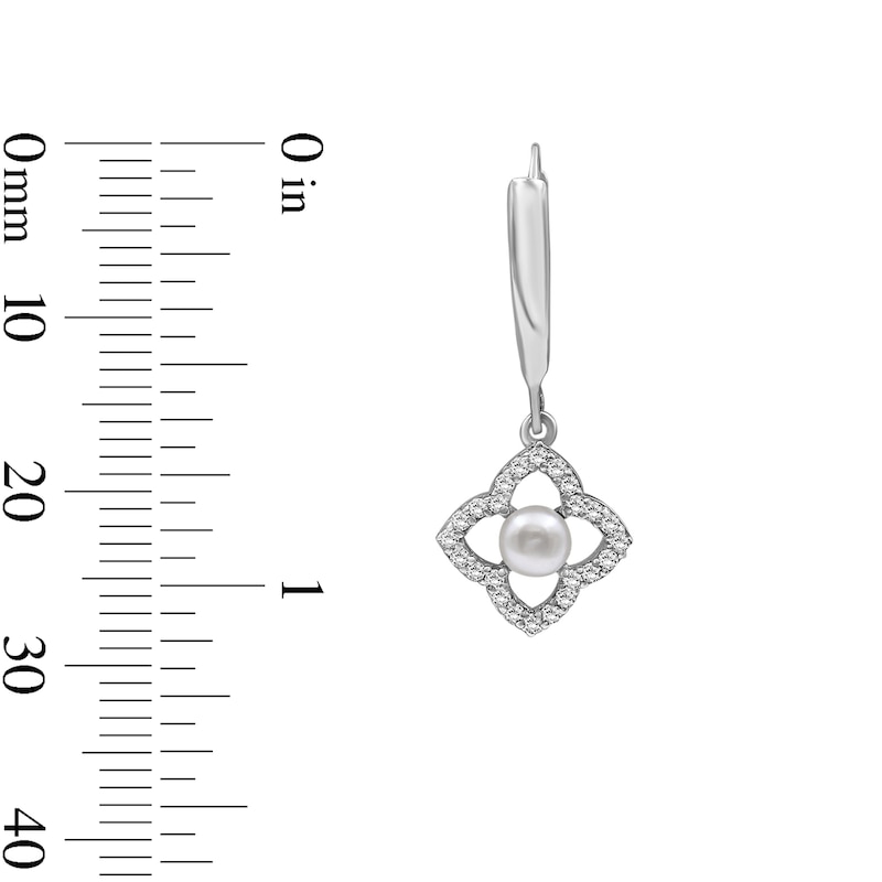 4.0mm Cultured Pearl and White Lab-Created Sapphire Clover Drop Earrings in Sterling Silver