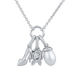 Enchanted Disney Cinderella Cultured Pearl and Lab-Grown Diamond Accent Glass Slipper Charm Necklace in Sterling Silver (F/VS2) - 18"