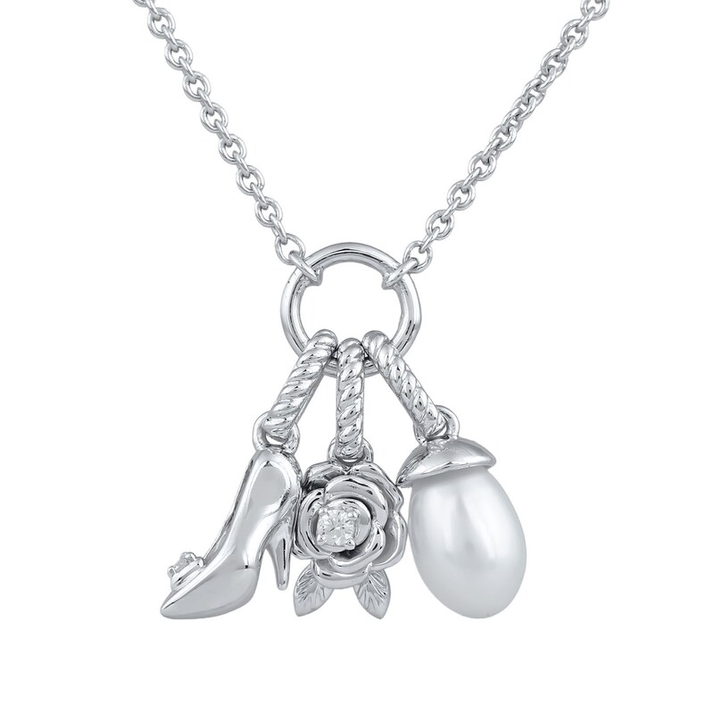 Enchanted Disney Cinderella Cultured Pearl and Lab-Grown Diamond Accent Glass Slipper Charm Necklace in Sterling Silver (F/VS2) - 18"