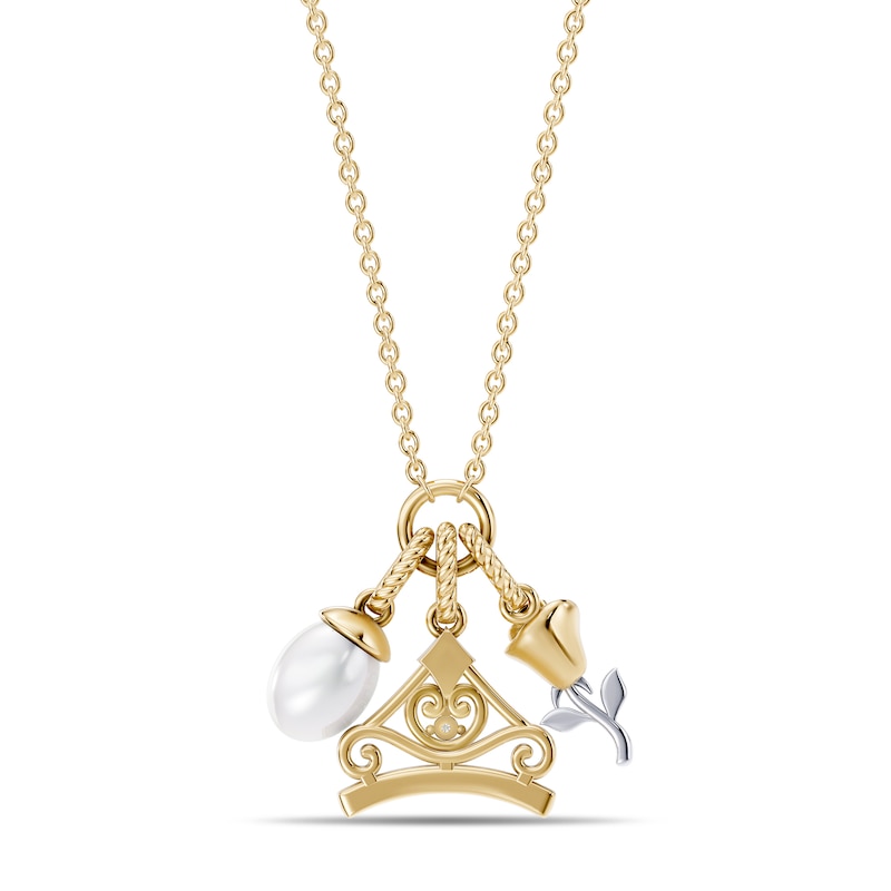 Enchanted Disney Belle Cultured Pearl and Lab-Grown Diamond Accent Charm Necklace in Sterling Silver with 14K Yellow Gold Plate (F/VS2) - 18"