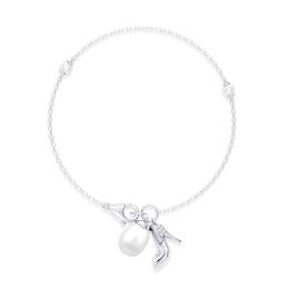 Enchanted Disney Cinderella Cultured Pearl and Lab-Grown Diamond Accent Glass Slipper Charm Bracelet in Sterling Silver (F/VS2) - 7.5"