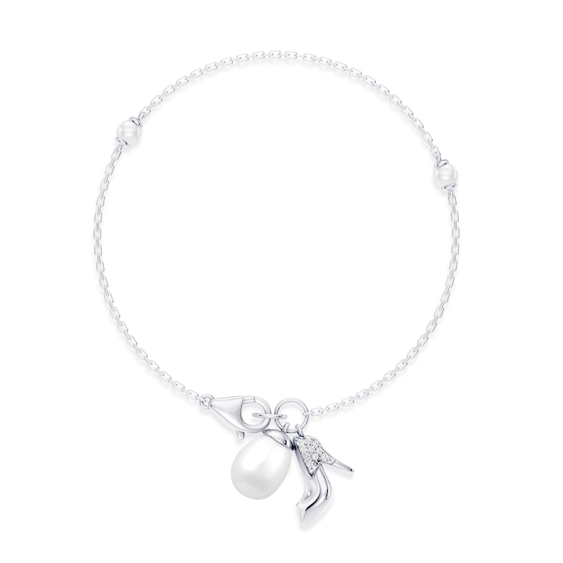 Enchanted Disney Cinderella Cultured Pearl and Lab-Grown Diamond Accent Glass Slipper Charm Bracelet in Sterling Silver (F/VS2) - 7.5"