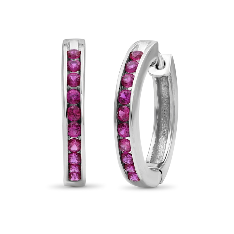 Lab-Created Ruby Channel Hoop Earrings in Sterling Silver