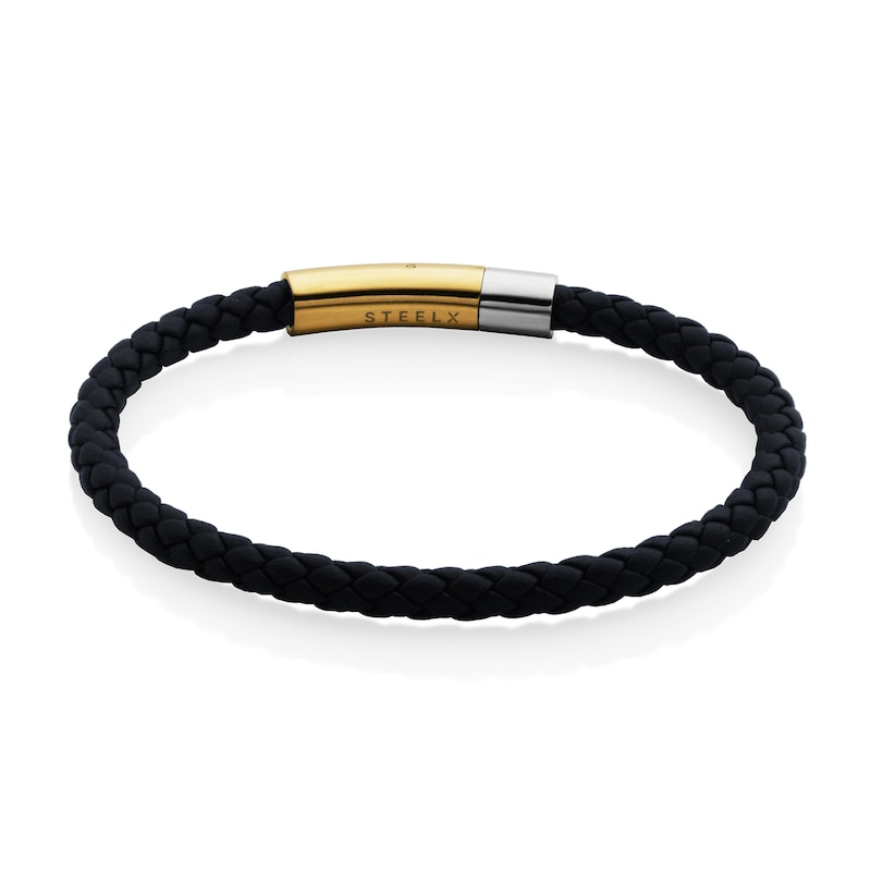 Braided Black Leather Bracelet in Stainless Steel with Yellow Ion Plate - 8.5"