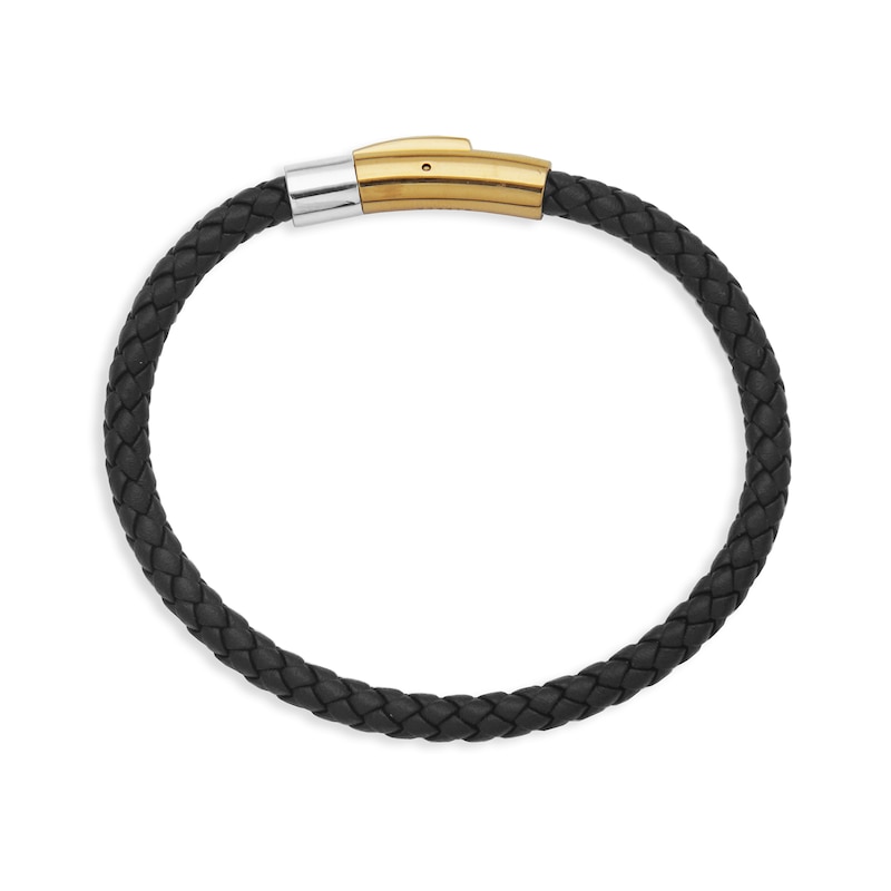 Braided Black Leather Bracelet in Stainless Steel with Yellow Ion Plate - 8.5"