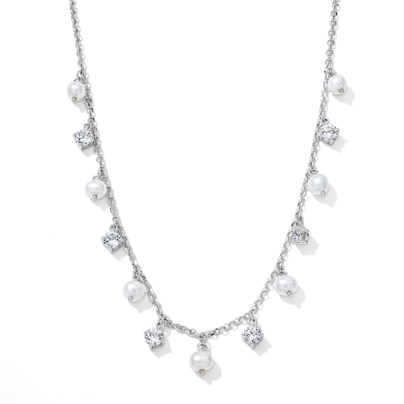 Main Image 1 of 4.0mm Cultured Pearl & White Lab-Created Sapphire Necklace in Sterling Silver - 17.72"