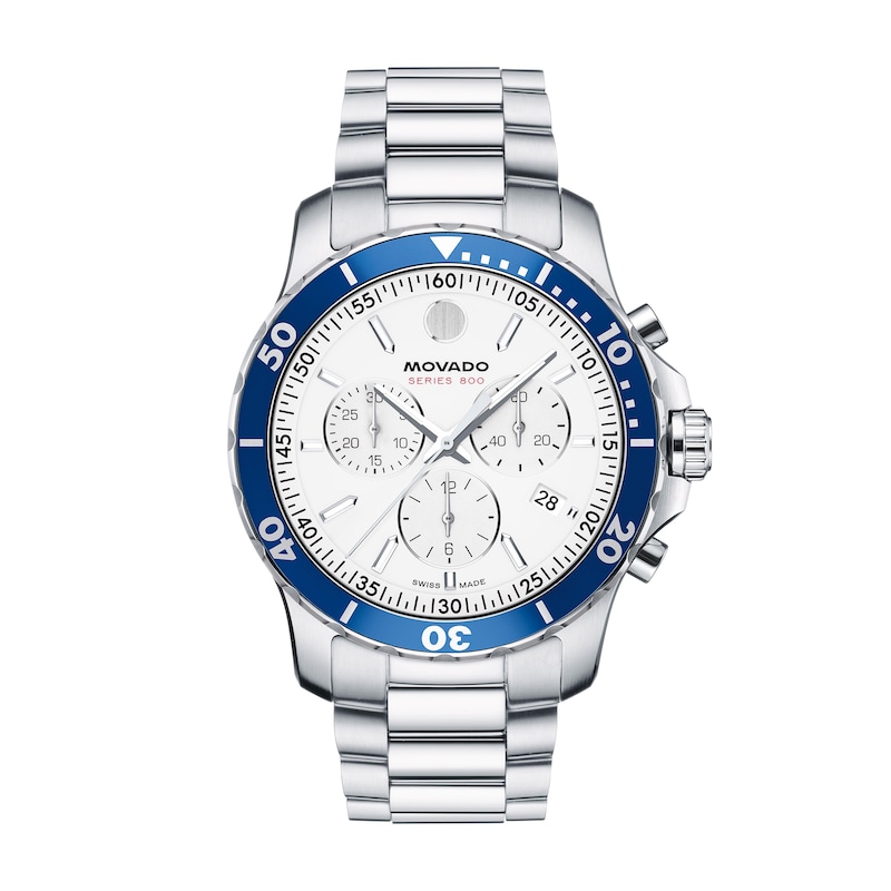 Men's Movado Series 800 Chronograph Stainless Steel Watch with White Dial (Model: 2600195)